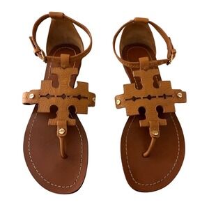 Tory Burch Miller Ankle Strap Leather Sandals Tan Size 9M Flat Thong Logo